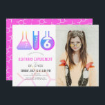 Science Experiment Neon Pink Girl Photo Birthday Invitation<br><div class="desc">This cool  "birthday experiment" girl's science birthday party photo invitation features a white background with flasks,  and a test tube. The reverse side features a neon pink background with molecule patterns. Personalise for your needs. You can find matching products at my store.</div>