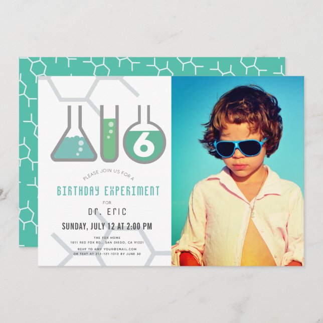Science Experiment White Green Boy Photo Birthday Invitation (Front/Back)
