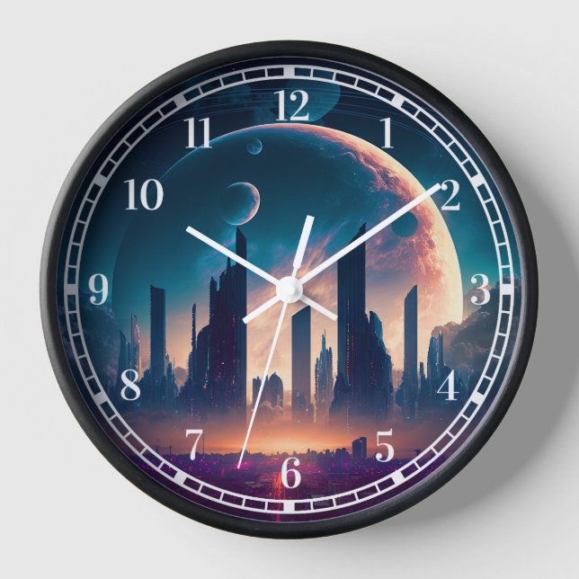 Science Fiction Cyberpunk Space City Clock (Front)