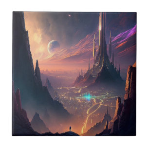 Science Fiction Futuristic City Ceramic Tile