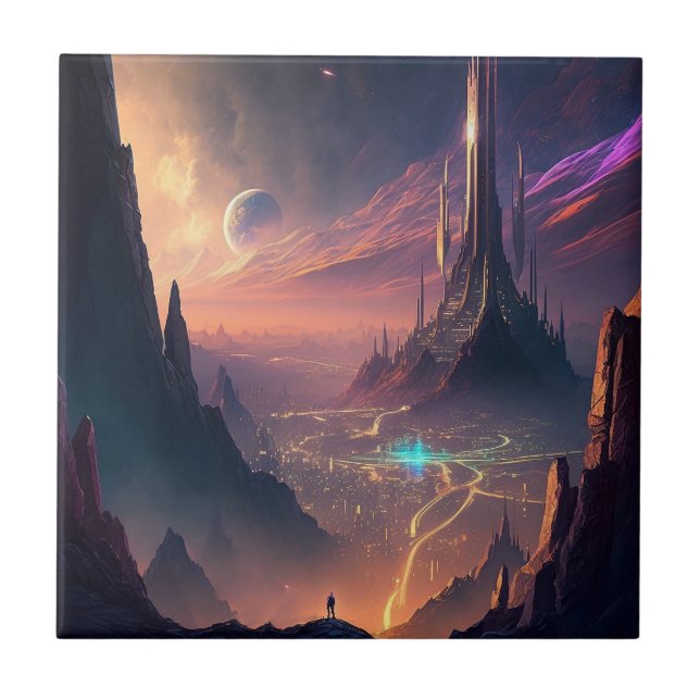 Science Fiction Futuristic City Ceramic Tile (Front)
