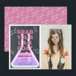 Science Flask Chalkboard Girl Pink Photo Birthday Invitation<br><div class="desc">This cool  "grab your lab coat" science birthday experiment party photo invitation for girls features a chalkboard /  blackboard background with a flask framed by a white border. The reverse side features a pink background with molecule patterns. Personalise for your needs. You can find matching products at my store.</div>
