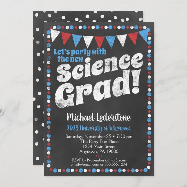 Science Graduation Party Invitation Red Blue (Front/Back)