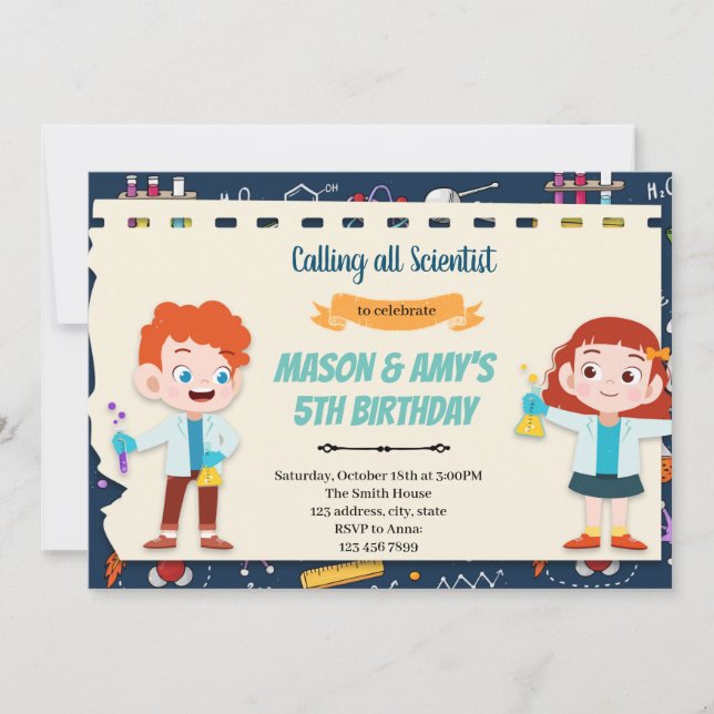 Science kid joint party invitation (Front)