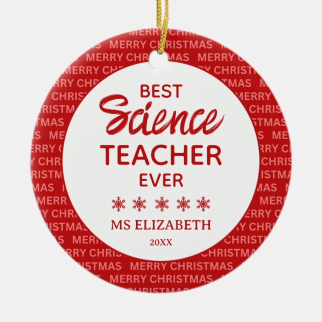 Science Teacher Typography Christmas Red Ceramic Ornament (Front)