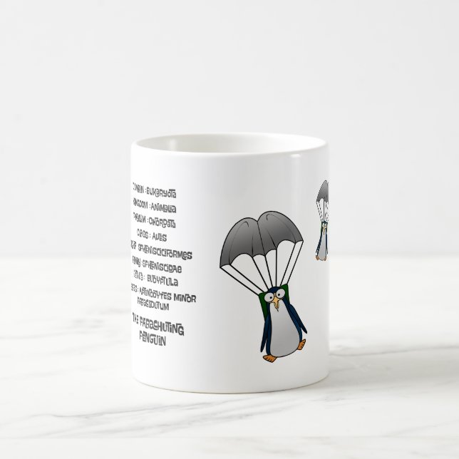 Scientific classification for the parachuting peng coffee mug (Center)