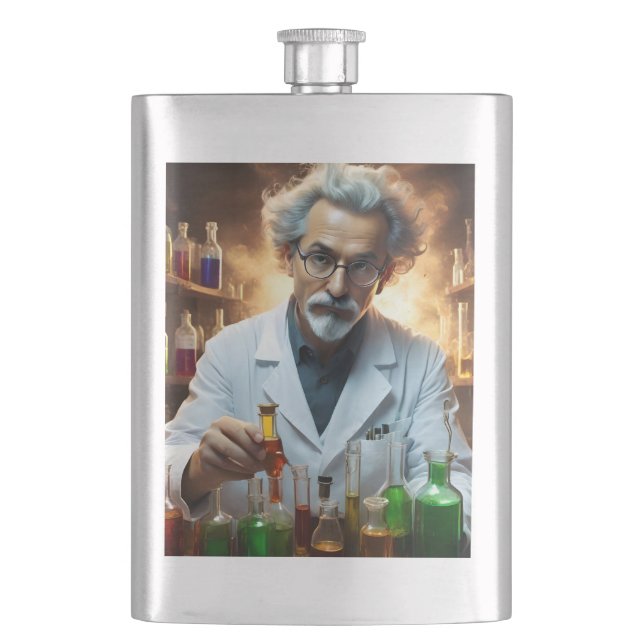Scientist In A Laboratory Mixing Potions, Hip Flask (Front)