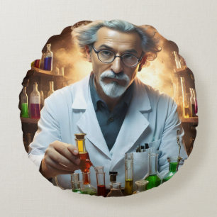 Scientist In A Laboratory Mixing Potions, Round Cushion