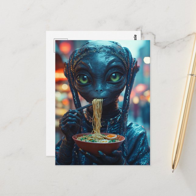 Scifi Alien Eating Ramen Postcard (Front/Back In Situ)