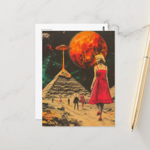Scifi Fantasy Aliens and Woman in Red Dress  Postcard