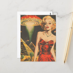 Scifi Fantasy Aliens Blond Woman in Red Dress Postcard