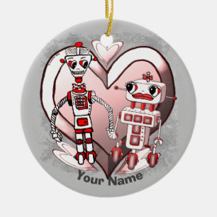Scifi robots in love ceramic ornament