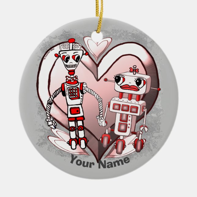 Scifi robots in love ceramic ornament (Front)