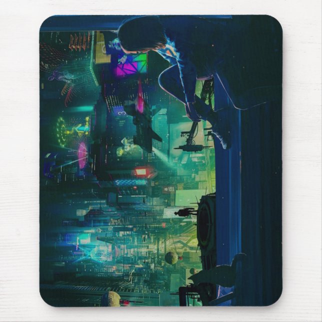 scifi skyscape cyberpunk girl synthwave neo mouse pad (Front)