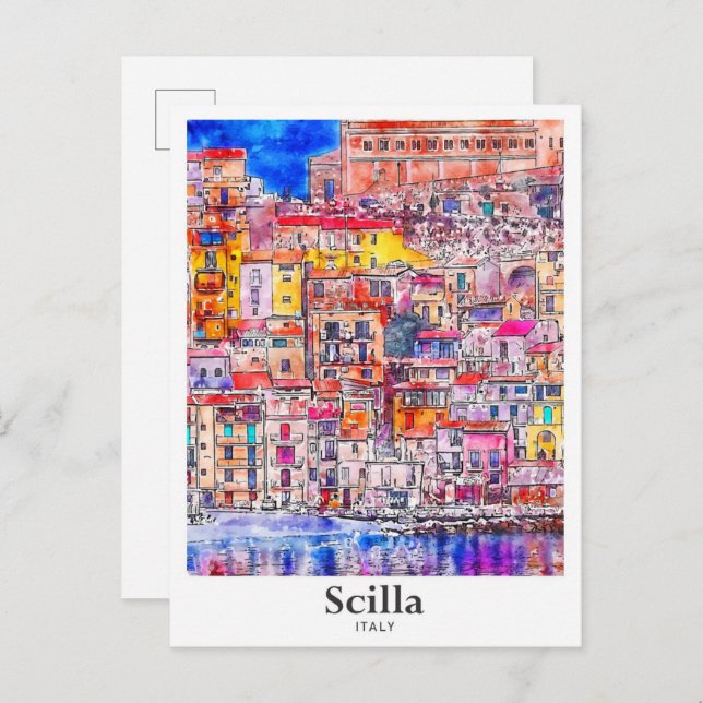 Scilla Italy Travel Watercolor Hand Drawn Postcard (Front/Back)