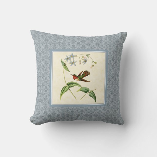 Scintillant Hummingbird Damask Pillow (Front)