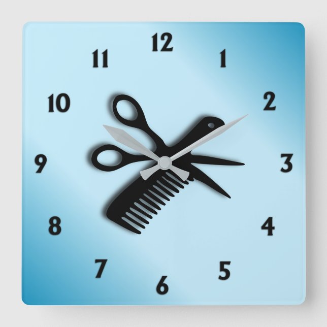 Scissor and Comb Blue Square Wall Clock (Front)