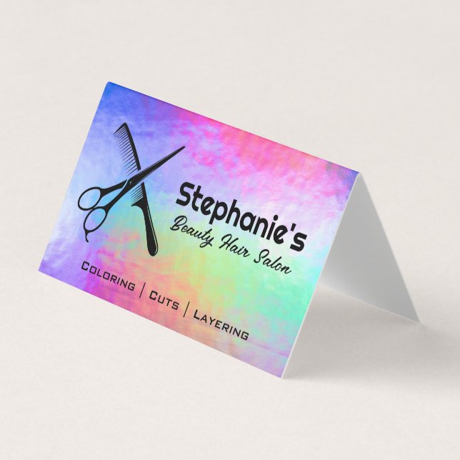 Scissors and Comb | Rainbow Iridescent Background Business Card (Front)