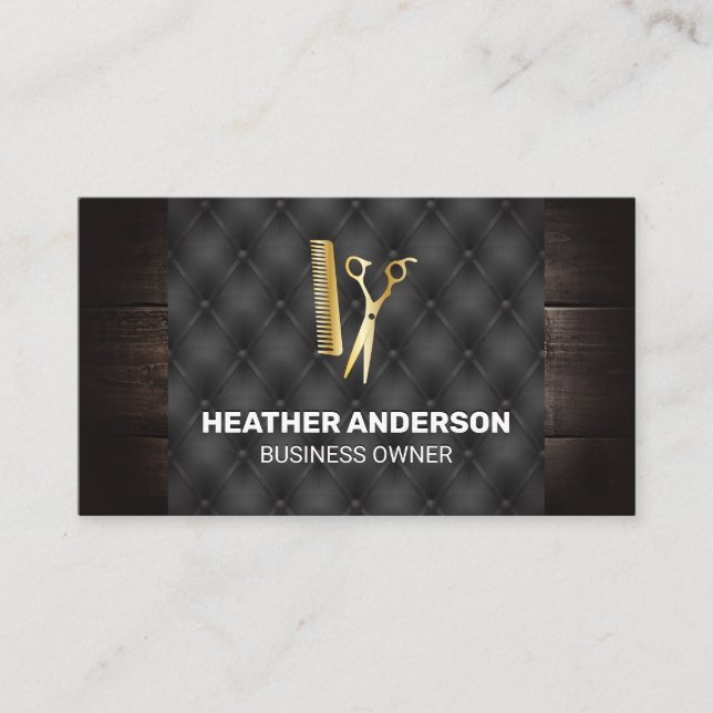 Scissors and Comb | Wood and Button Fabric Business Card (Front)