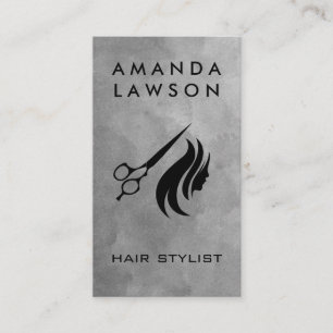 Scissors and Hair Logo   Grey Watercolor Business Card