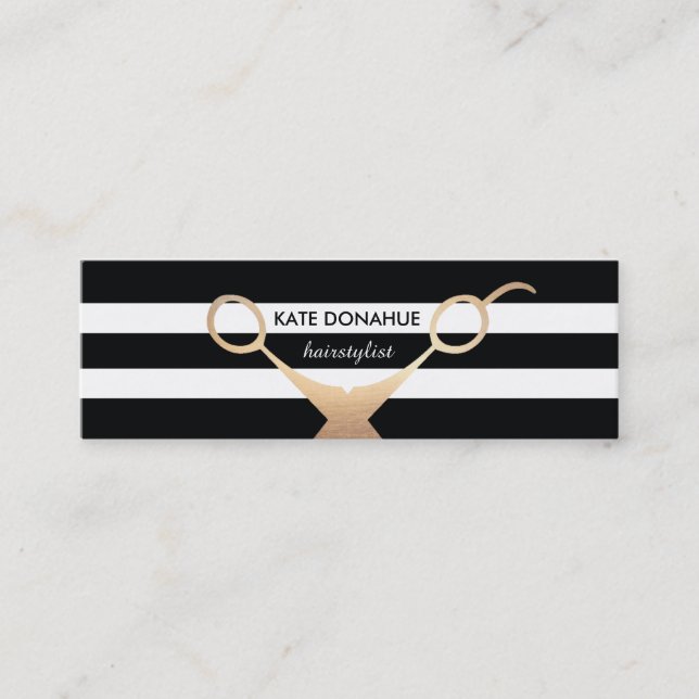Scissors Black and White Striped Salon Mini Business Card (Front)