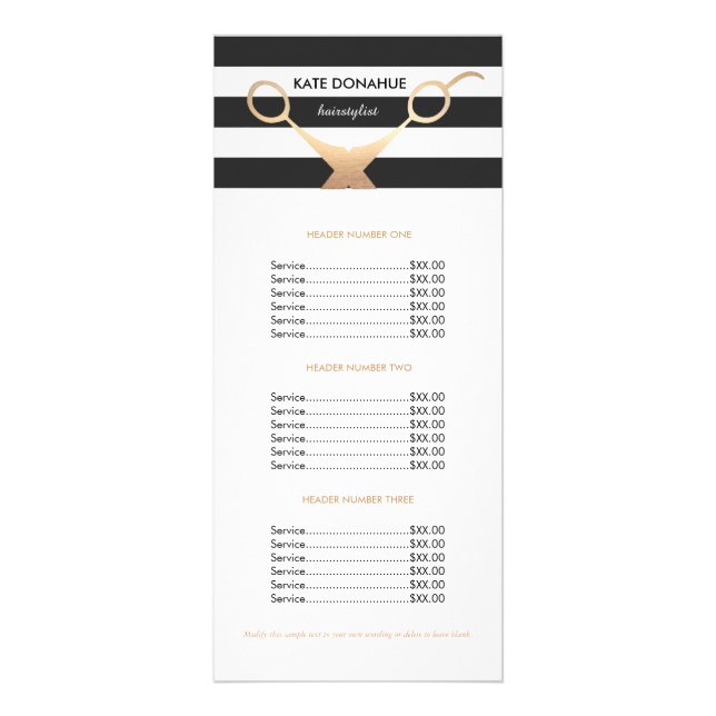 Scissors Black and White Striped Salon Price List Rack Card (Front)