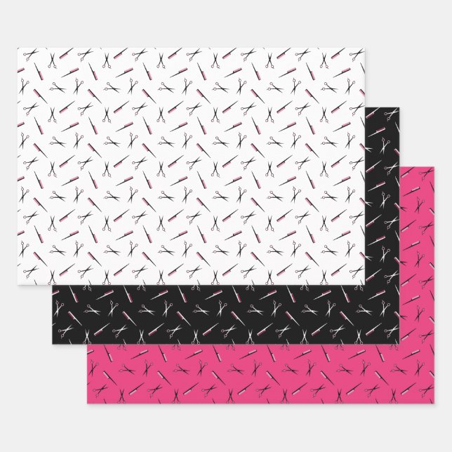 Scissors & Combs Pink Hair Stylist Patterns Wrapping Paper Sheet (Set)