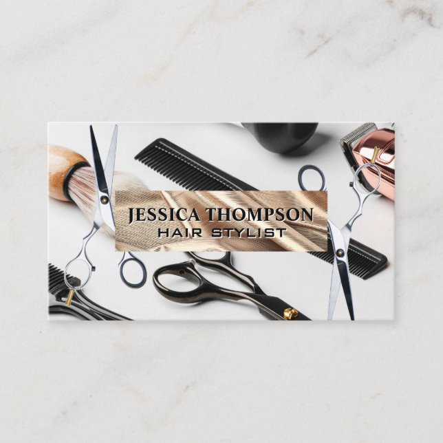 Scissors | Gold Foil Ribbon | Hair Cutting Tools Business Card (Front)