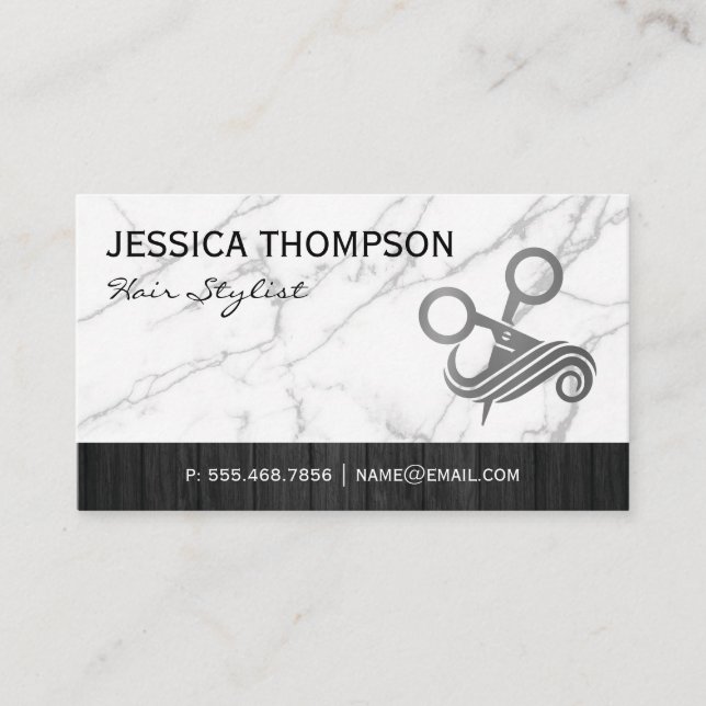 Scissors Hair Logo | Marble | Wood Trim Business Card (Front)