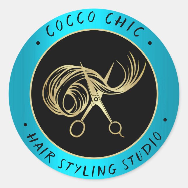 Scissors Hair Logo Name Thank You Gold Blue Classic Round Sticker (Front)