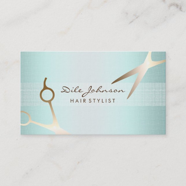 Scissors Hair Stylist Gold Glitter Linen Blue Business Card (Front)