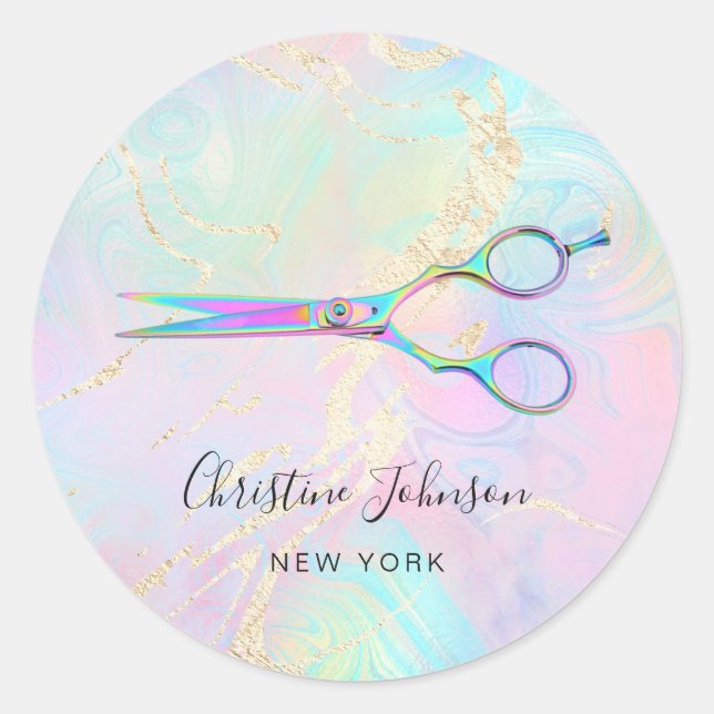 scissors logo on faux holographic design classic round sticker (Front)