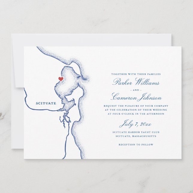 Scituate Harbour MA Map Elegant Navy Blue Wedding Invitation (Front)