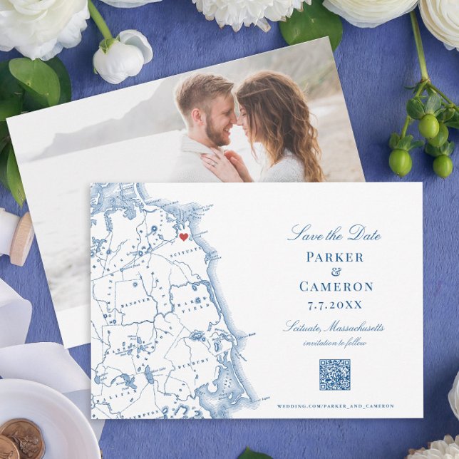 Scituate MA Map Elegant Navy Blue QR code Save The Date (These Scituate MA map save the dates have a QR code for easy access to your wedding website)