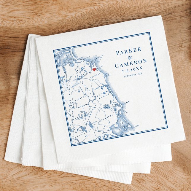 Scituate Massachusetts Map Elegant Wedding Napkin (These Scituate Massachusetts map napkins are perfect for a South Shore destination wedding)