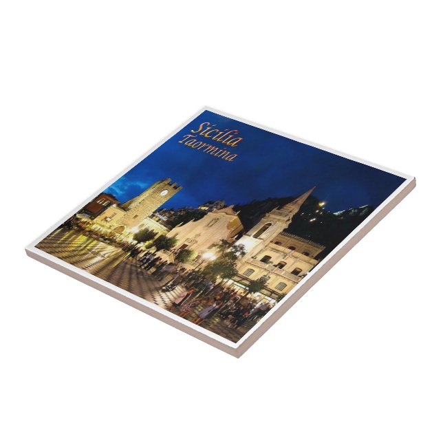 SCL061 TAORMINA by night, Sicily, Italy, Ceramic Tile (Side)