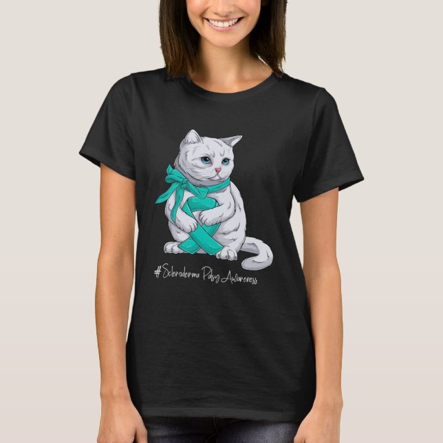 Scleroderma Awareness Month Teal Ribbon Cat T-Shirt (Front)