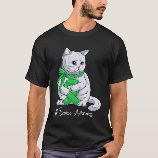 Scoliosis Awareness Month Green Ribbon Cat T-Shirt (Front)