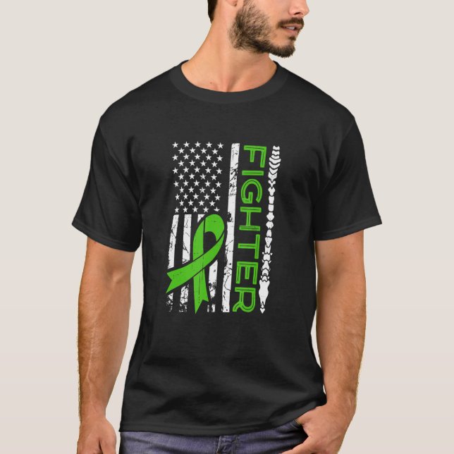 Scoliosis Fighter Flag Green Ribbon Awareness Spin T-Shirt (Front)
