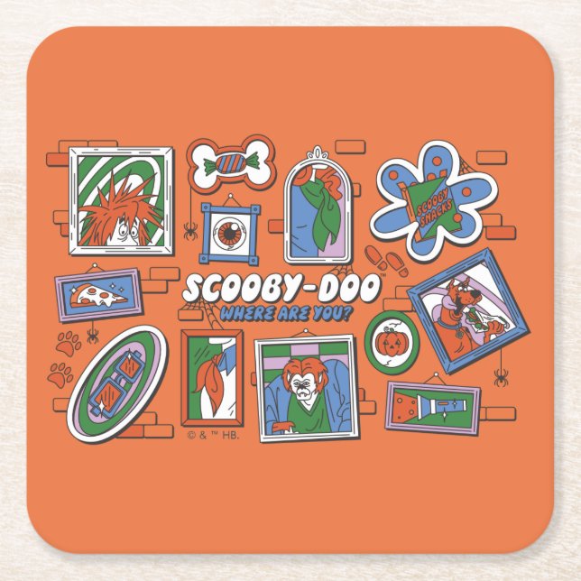 Scooby-Doo Wall of Halloween Picture Frames Square Paper Coaster (Front)