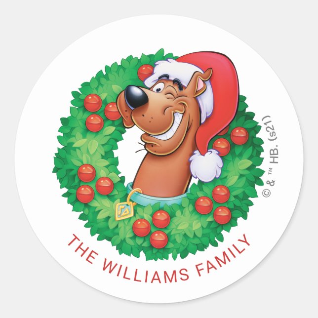 Scooby in Christmas Wreath - Personalised Classic Round Sticker (Front)