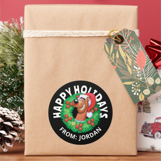 Scooby in Christmas Wreath | Personalised Classic Round Sticker (Holiday)
