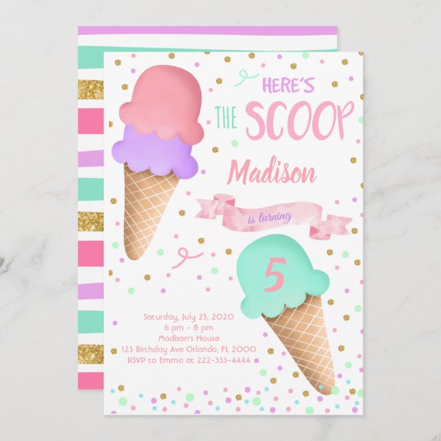 Scoop Glitter  Ice Cream Birthday Invitation (Front/Back)