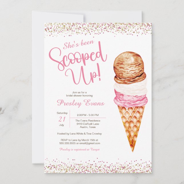 Scooped up, Ice Cream Pink & White Bridal Shower  Invitation (Front)