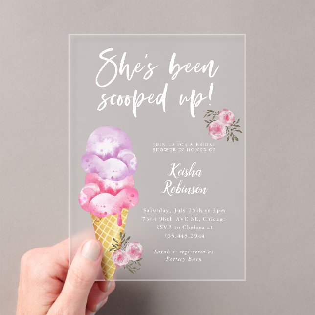 Scooped Up Pink Ice Cream Bridal Shower Acrylic Invitations (Insitu (Handheld))