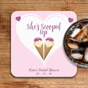 Scooped Up Pink Ice Cream Heart Bridal Shower Square Paper Coaster
