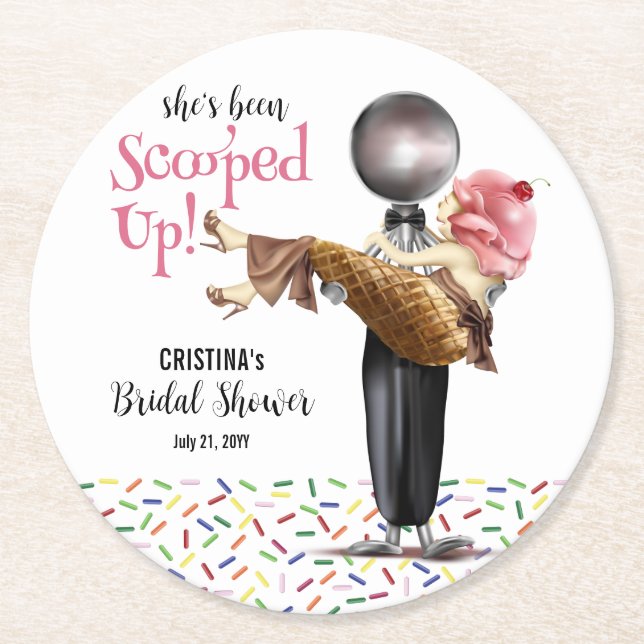 Scooped Up Strawberry Ice Cream Bridal Shower Round Paper Coaster (Front)