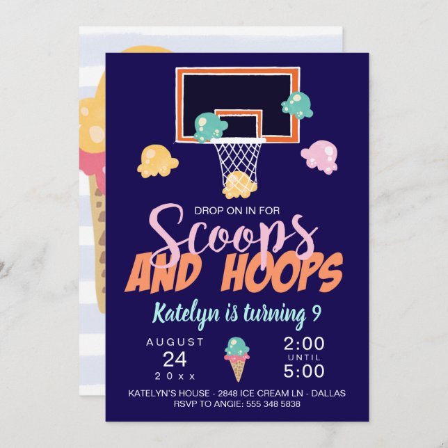 Scoops and Hoops Girl Basketball Invitation (Front/Back)