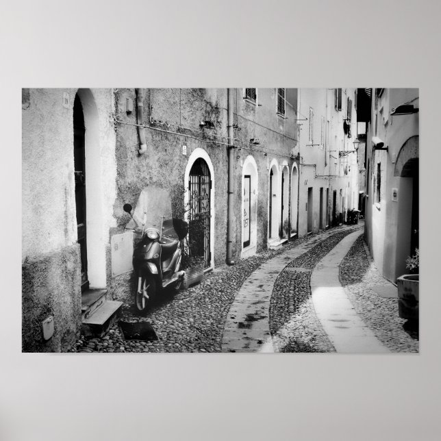 Scooter in a street in Italy in black and white Poster (Front)