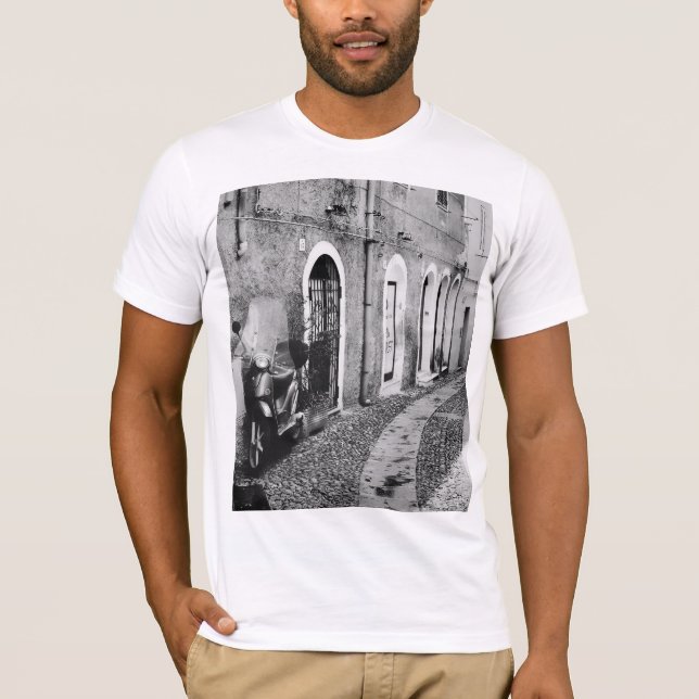 Scooter in a street in Italy in black and white T-Shirt (Front)